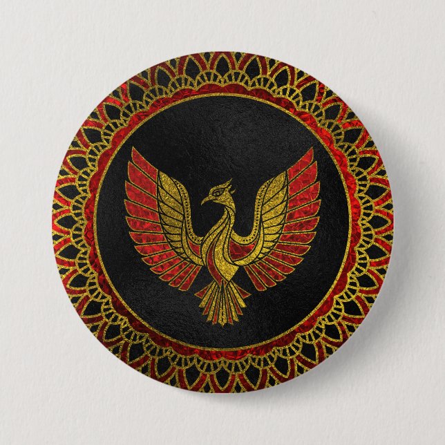 Gold and red Decorated Phoenix bird symbol Pinback Button (Front)