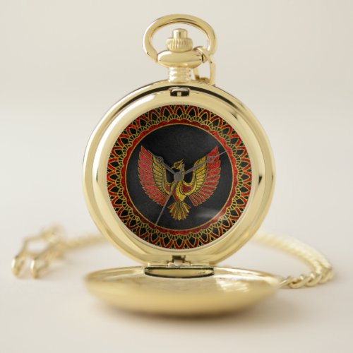 Gold and red Decorated Phoenix bird symbol Pocket Watch