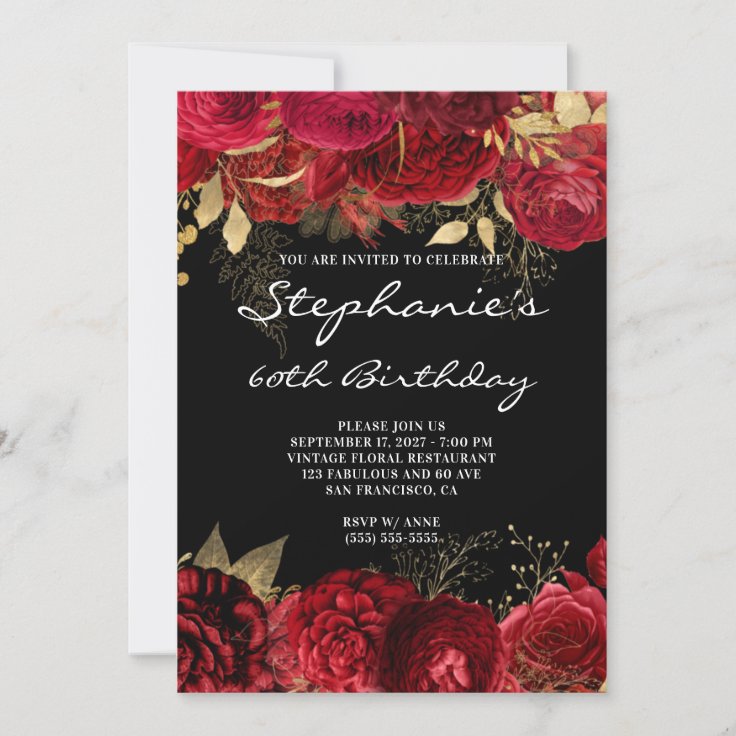 Gold and Red Floral 60th Birthday Black and White Invitation | Zazzle