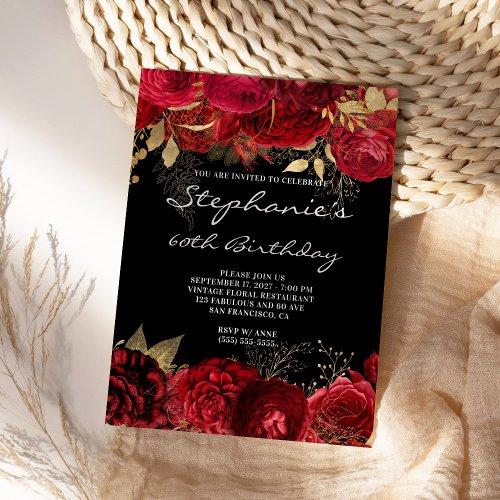 Gold and Red Floral 60th Birthday Black and White Invitation