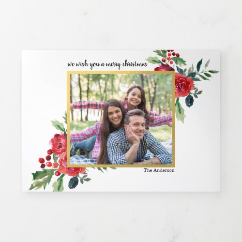 Gold and red floral berries Christmas Multi Photo Tri_Fold Holiday Card