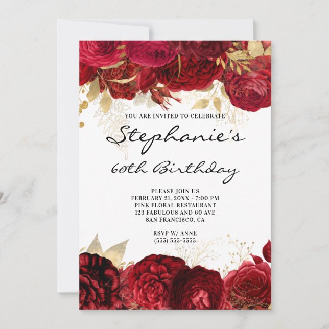 Gold and Red Floral Borders 60th Birthday Invitation (Front)