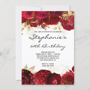 Gold and Red Floral Borders 60th Birthday Invitation