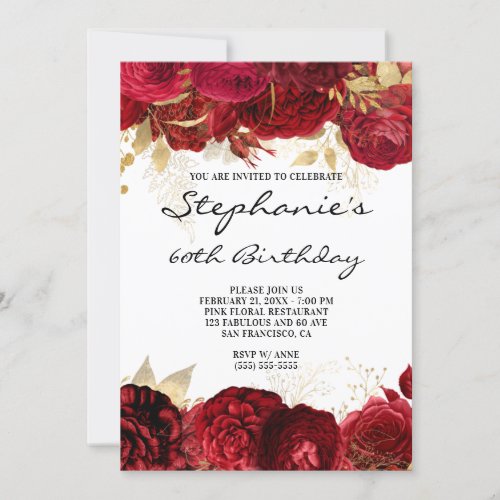 Gold and Red Floral Borders 60th Birthday Invitation