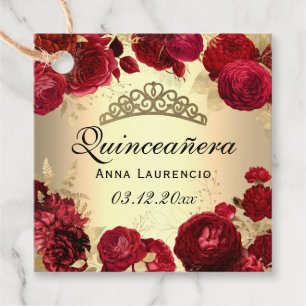 Gold And Red Floral Roses Quinceanera Party Favor Tags