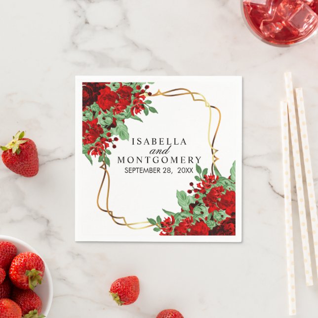 Gold and Red Floral Wedding / Anniversary Napkins (Insitu)