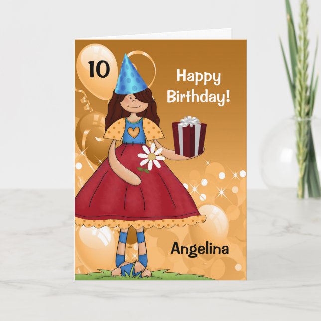 Gold and Red Girl with Age Birthday Card (Front)