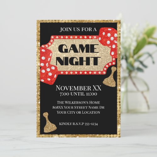 Gold and Red Glitter Board Game Night on Black Invitation