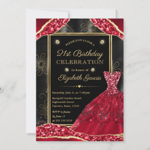 Gold and Red Glitter Dress 21st Birthday Invitation
