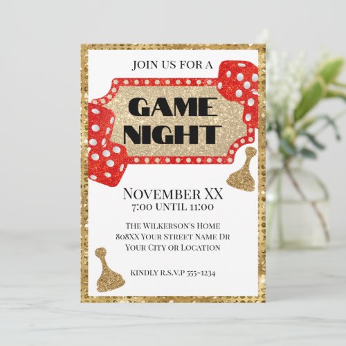 Gold and Red Glitter Glamorous Board Game Night Invitation