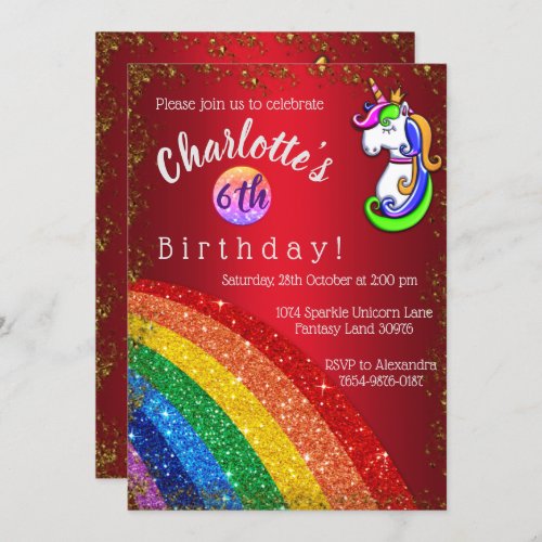 Gold and Red Glitter Rainbow Unicorn Birthday