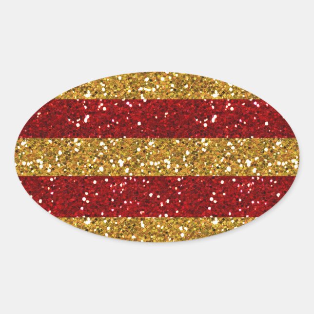 Gold and Red Glitter Stripes Printed Oval Sticker (Front)