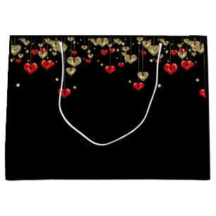 Gold and red hearts on black background large gift bag