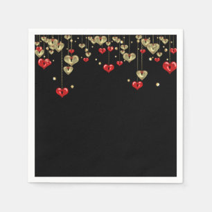 Gold and red hearts on black background napkins