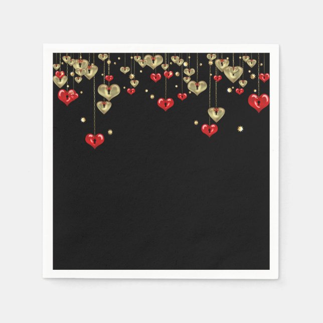 Gold and red hearts on black background napkins (Front)