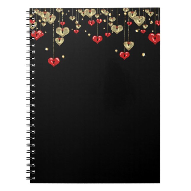 Gold and red hearts on black background notebook (Front)