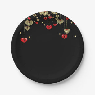 Gold and red hearts on black background paper plates