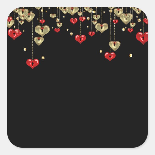 Gold and red hearts on black background square sticker (Front)