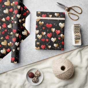 Gold and Red Hearts on Black Luxury Wrapping Paper