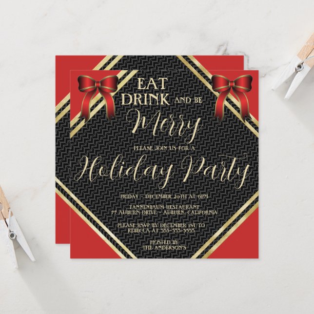 Gold and Red Holiday Party Invitation (Front/Back In Situ)
