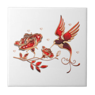 Gold and Red Jewelry with Bird and Rose Tile