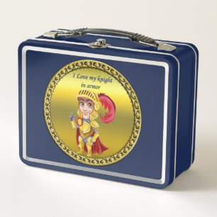 Gold and red knight in his armor and helmet metal lunch box