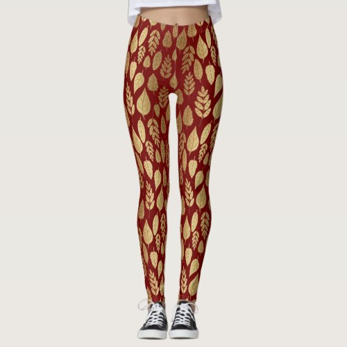 Gold and Red Leaf Pattern Leggings