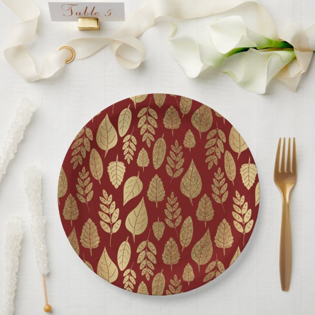 Gold and Red Leaf Pattern Paper Plates (Wedding)