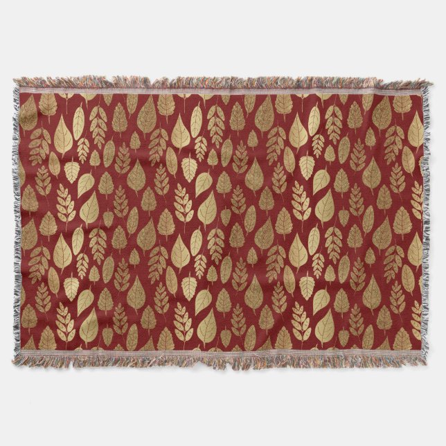 Gold and Red Leaf Pattern Throw Blanket (Front)
