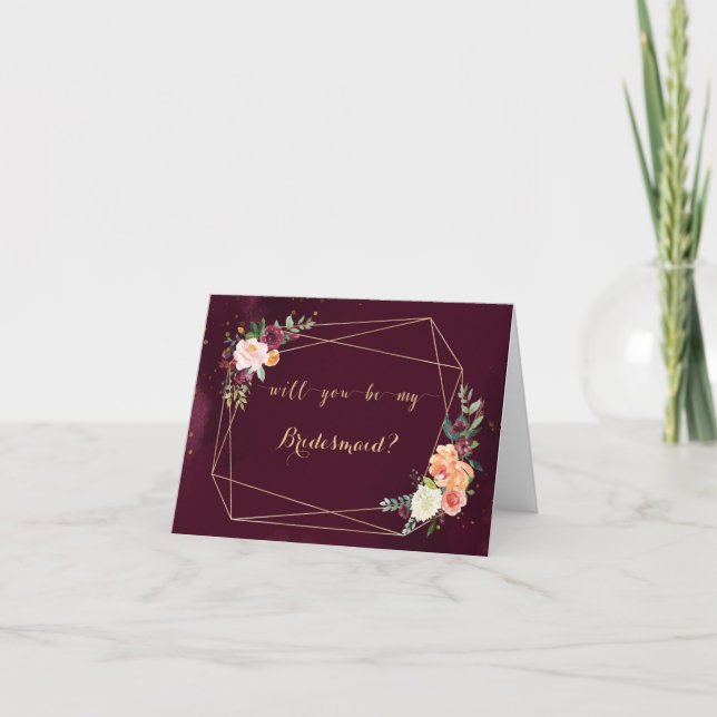 Gold and Red Maroon Be My Bridesmaid Card (Front)