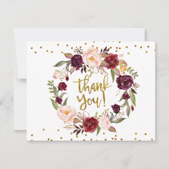 Gold and Red Marsala Floral Thank You Card (Front)