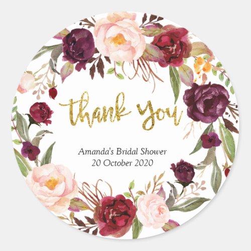 Gold and Red Marsala Floral Thank You Sticker