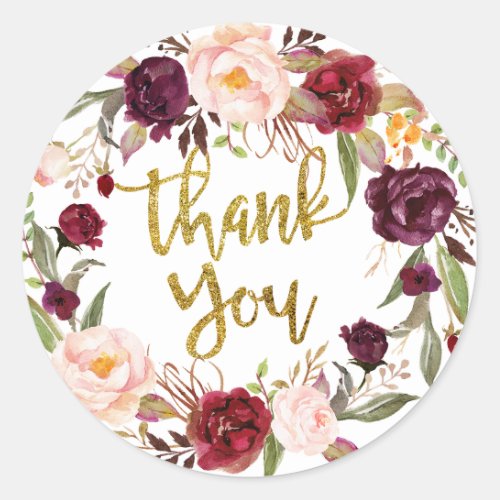 Gold and Red Marsala Floral Thank You Sticker
