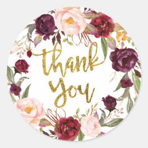 Gold and Red Marsala Floral Thank You Sticker