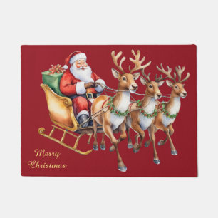Gold and Red Modern Flying Santa Sleigh Reindeer Doormat