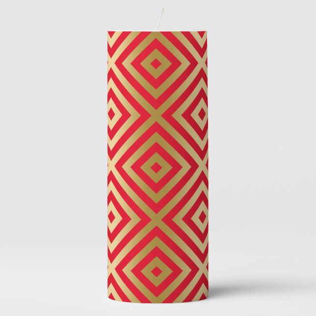 Gold And Red Modern Geometric Pattern Flameless Ca Pillar Candle (Front)