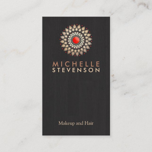 Gold and Red Motif Wood Grain Look Black Cool Business Card (Front)