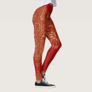 Gold and red paisley mandala leggings
