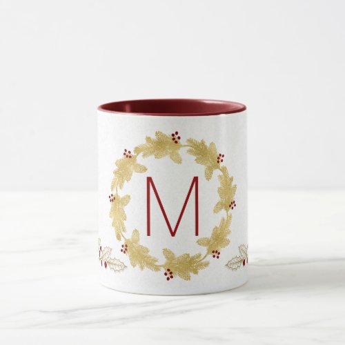 Gold and Red Pine Holly Monogrammed Christmas Mug