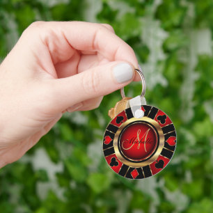 Gold and Red Poker Chip Design - Monogram Keychain