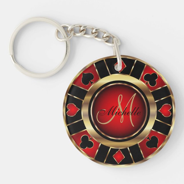 Gold and Red Poker Chip Design - Monogram Keychain (Front)