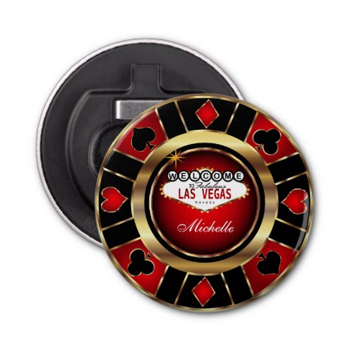 Gold and Red Poker Chip Design _ Personalize Bottle Opener