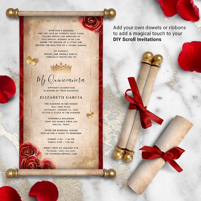 Gold and Red Quinceanera DIY Scroll Invitations (How will you present your DIY scrolls? There are so many creative possibilities!)