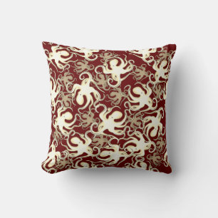 Gold And Red Repeating Motif Octopus Pattern Throw Pillow