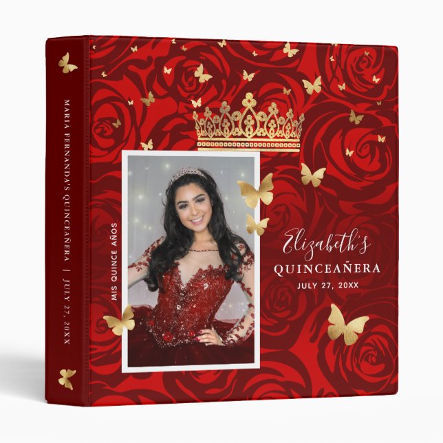 Gold and Red Rose Photo Album Guestbook 3 Ring Binder (Front/Spine)