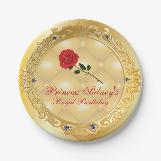 Gold and Red Rose Princess Party Paper Plates (Front)