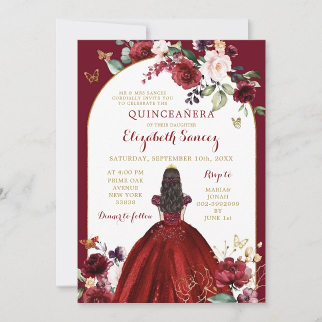 Gold and Red Roses Floral Quinceañera Invitation (Front)