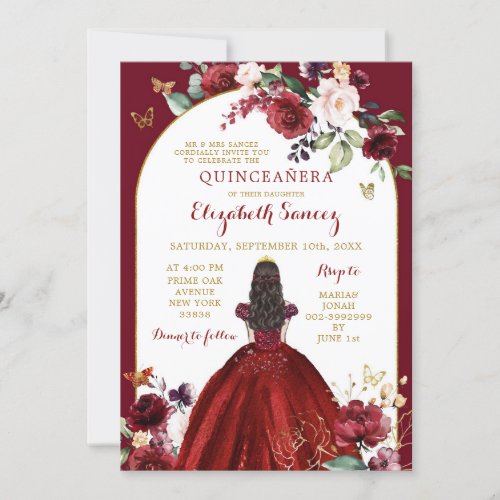 Gold and Red Roses Floral Quinceaera Invitation