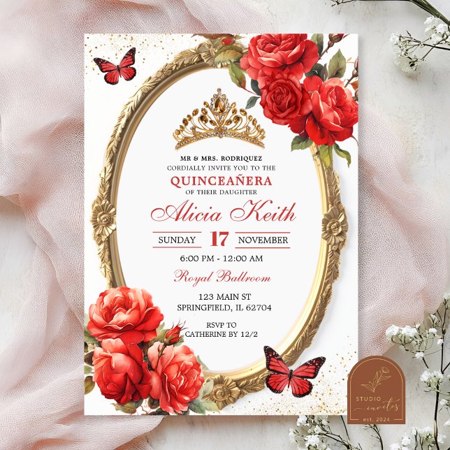 Gold and Red Roses Gold Quinceanera Invitation (Creator Uploaded)