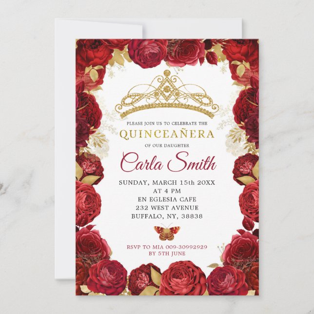 Gold and Red Roses Mis Quince Birthday Invitation (Front)